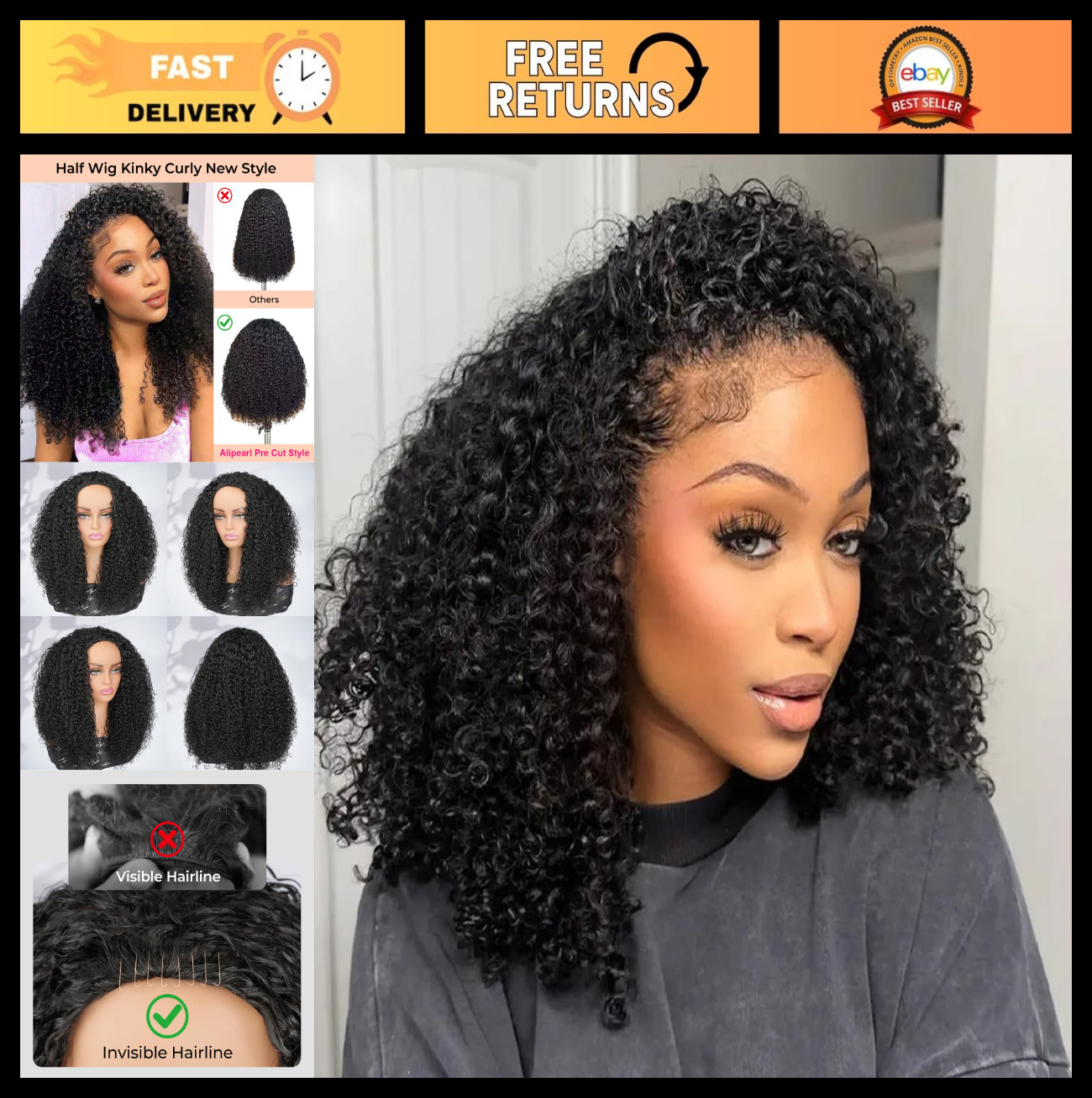 250% Density Curly Half Wig Human Hair – Glueless 3-in-1 Drawstring Clip-Ins, 16