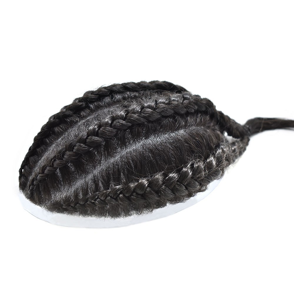 US Cornrow Braded Toupee for Black Men Box Braided Human Hair Replacement System