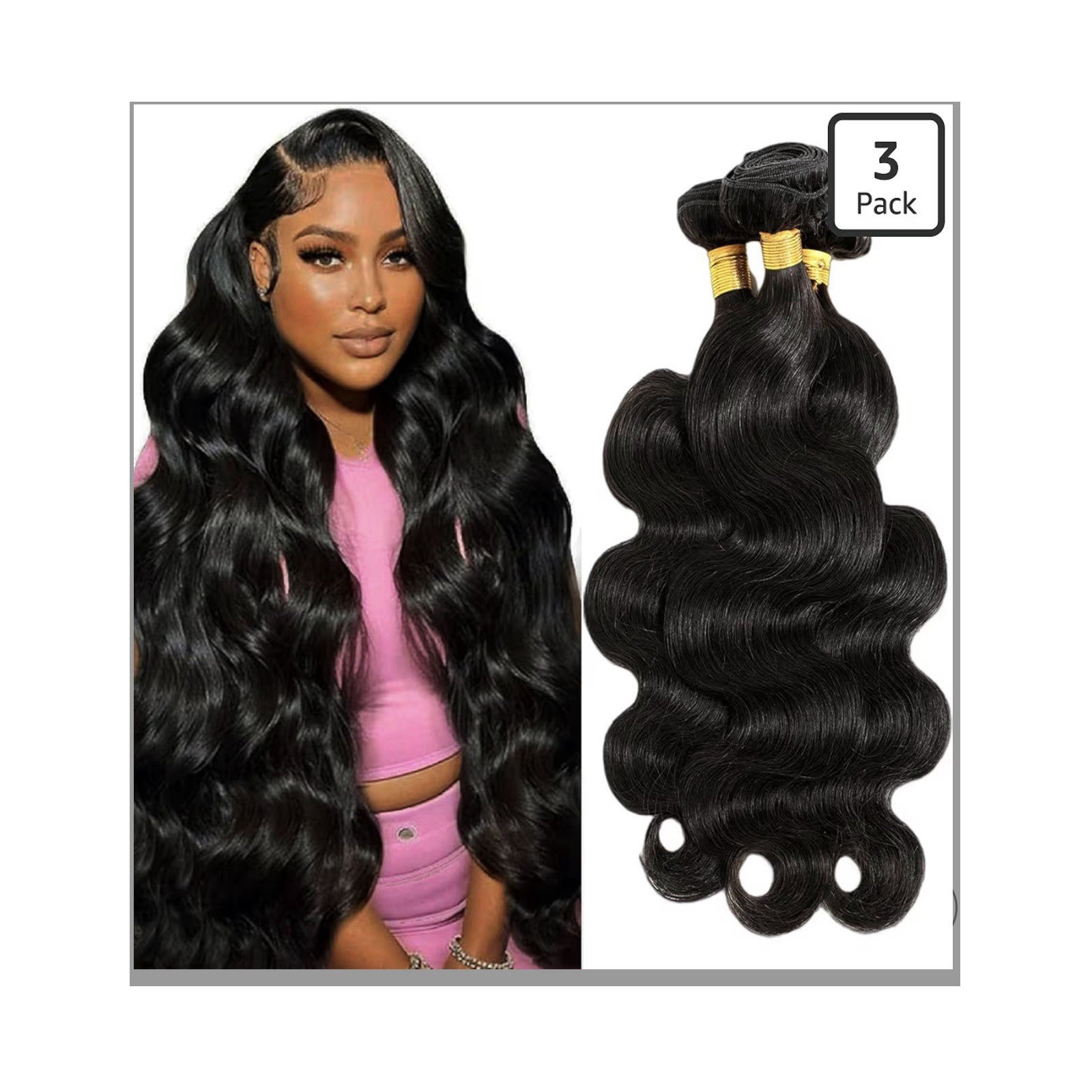 3 Pack Body Wave Black Human Hair Extensions Weft, Can Be Dyed, No Tangle