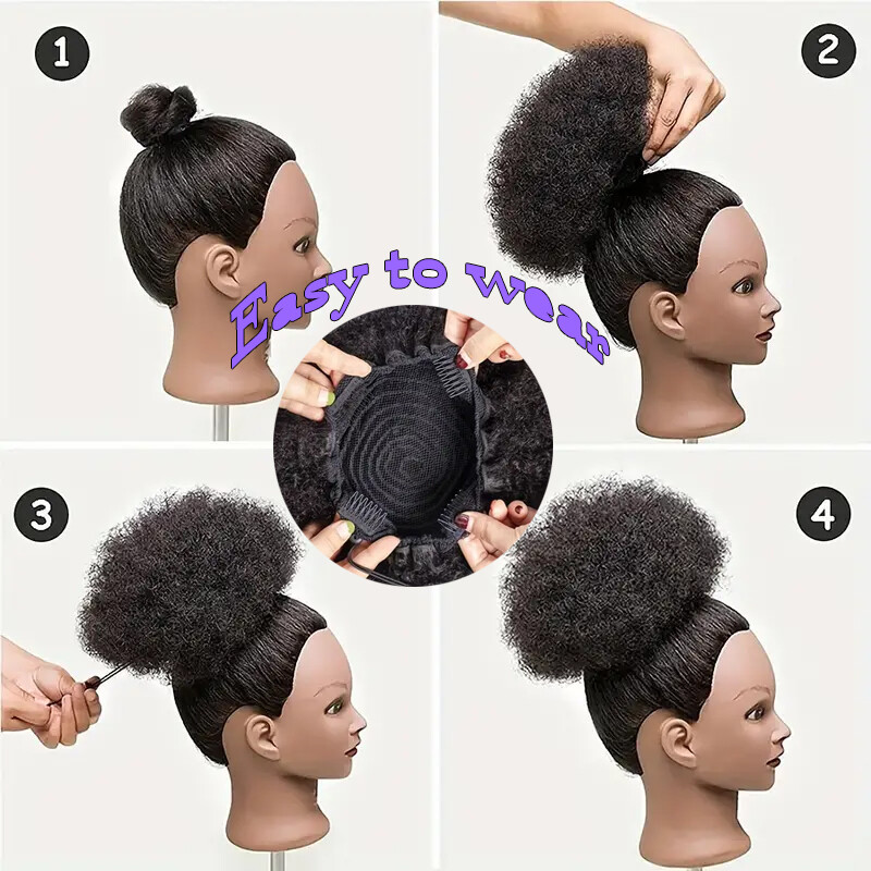 Clip in Human Afro Puff Drawstring Ponytail Bun Scrunchie Updo Chignon Hairpiece