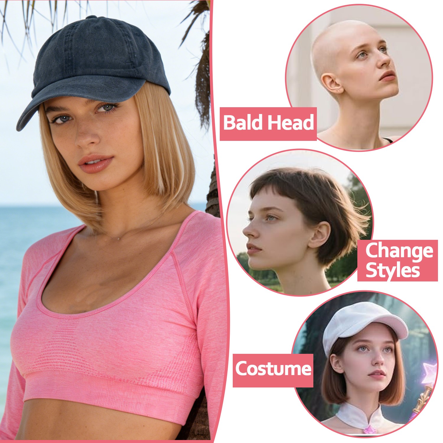Baseball Cap Hat with Short Synthetic Hair,Baseball Hat Cap with Straight Hair M