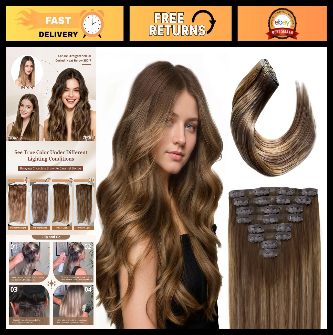 20″ 120g Clip-In Hair Extensions, Real Remy Human Hair, Balayage Brown to Blonde