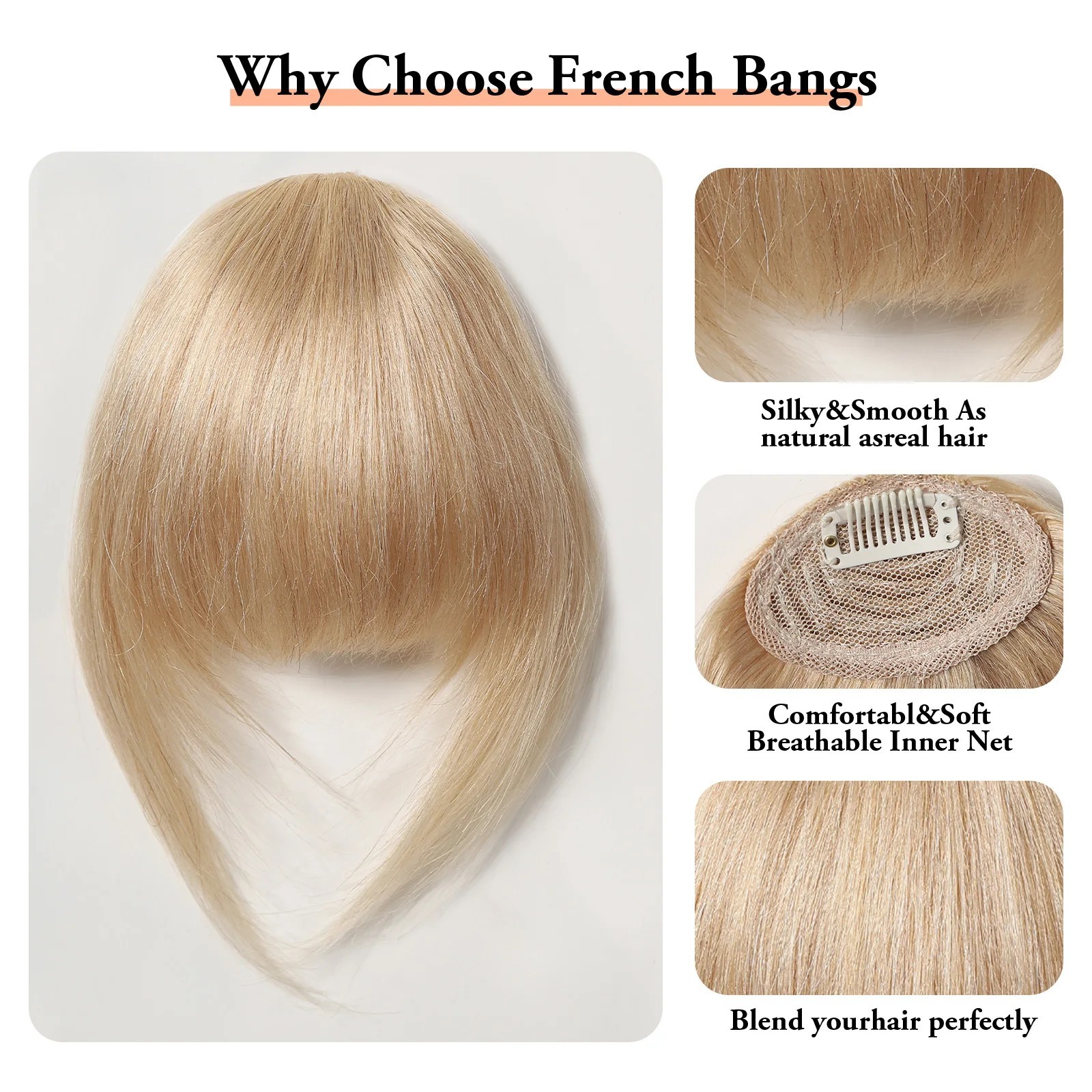 3 Inch Clip In Bangs 100% Human Hair Blonde French Fringe with Temples Thick