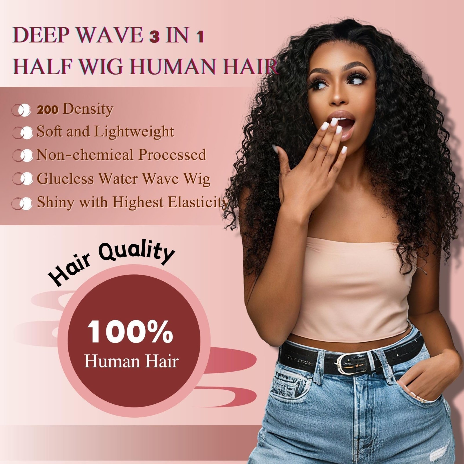 24″ Deep Wave Half Wig Human Hair – Glueless Curly, 200% Density, Easy Wear, Nat