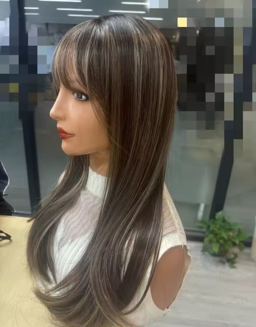 Dress Up Wig With Fringe Mixed Brown blonde Long Straight Synthetic Hair
