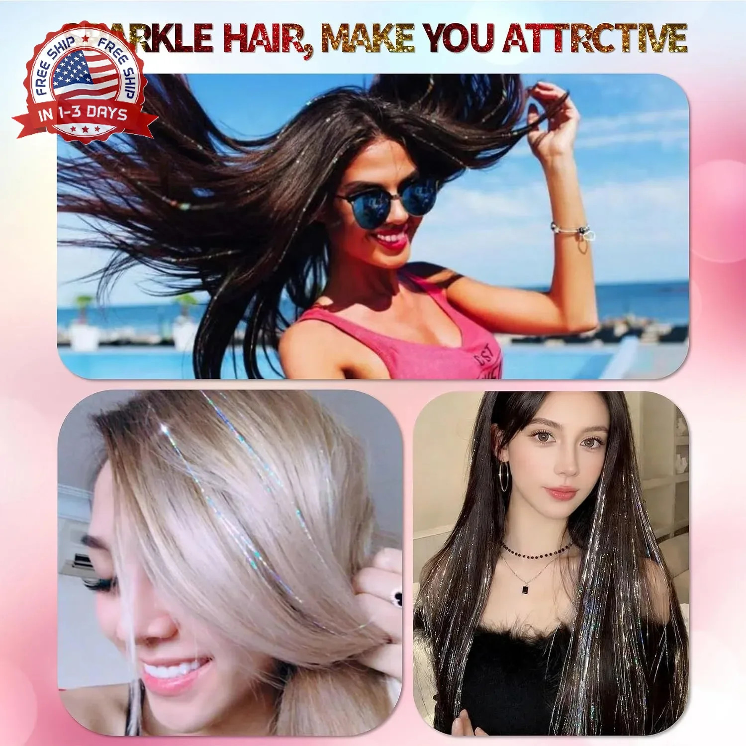 ONROCL Hair Tinsel Clip in Extensions 12Pcs 24 Inch Dreamy Colorful Glitter Hair