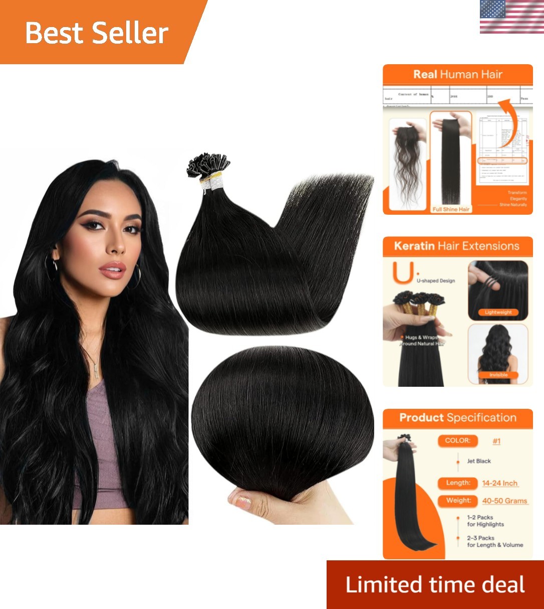 50g U Tip Hair Extensions – Jet Black Human Hair for Effortless Elegance