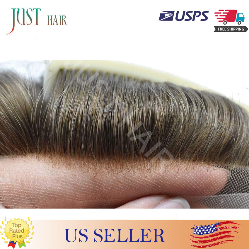 French Lace Front Bleached Men Toupee Hair Replacement System Poly Hairpiece Wig