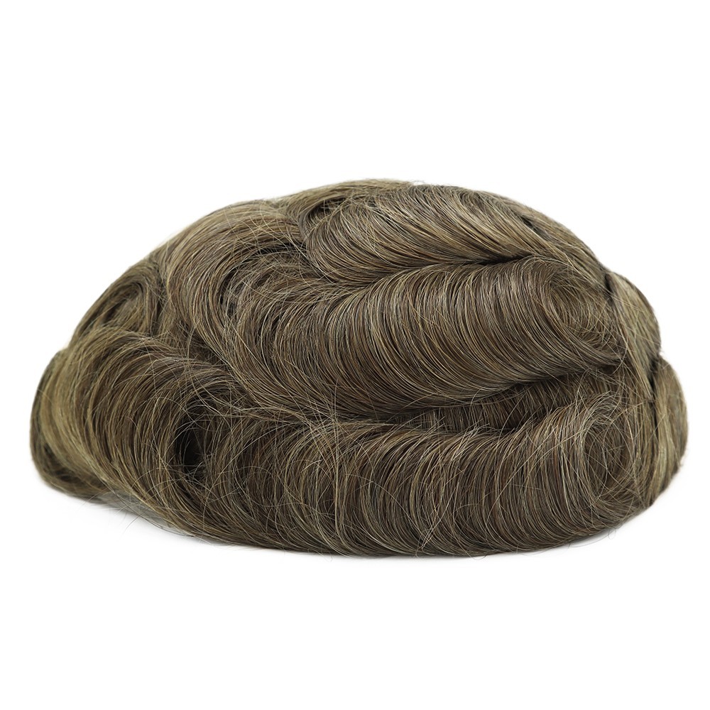 Mens Toupee Thin Skin Knotted Human Hair Replacement System Hairpieces Brown #17