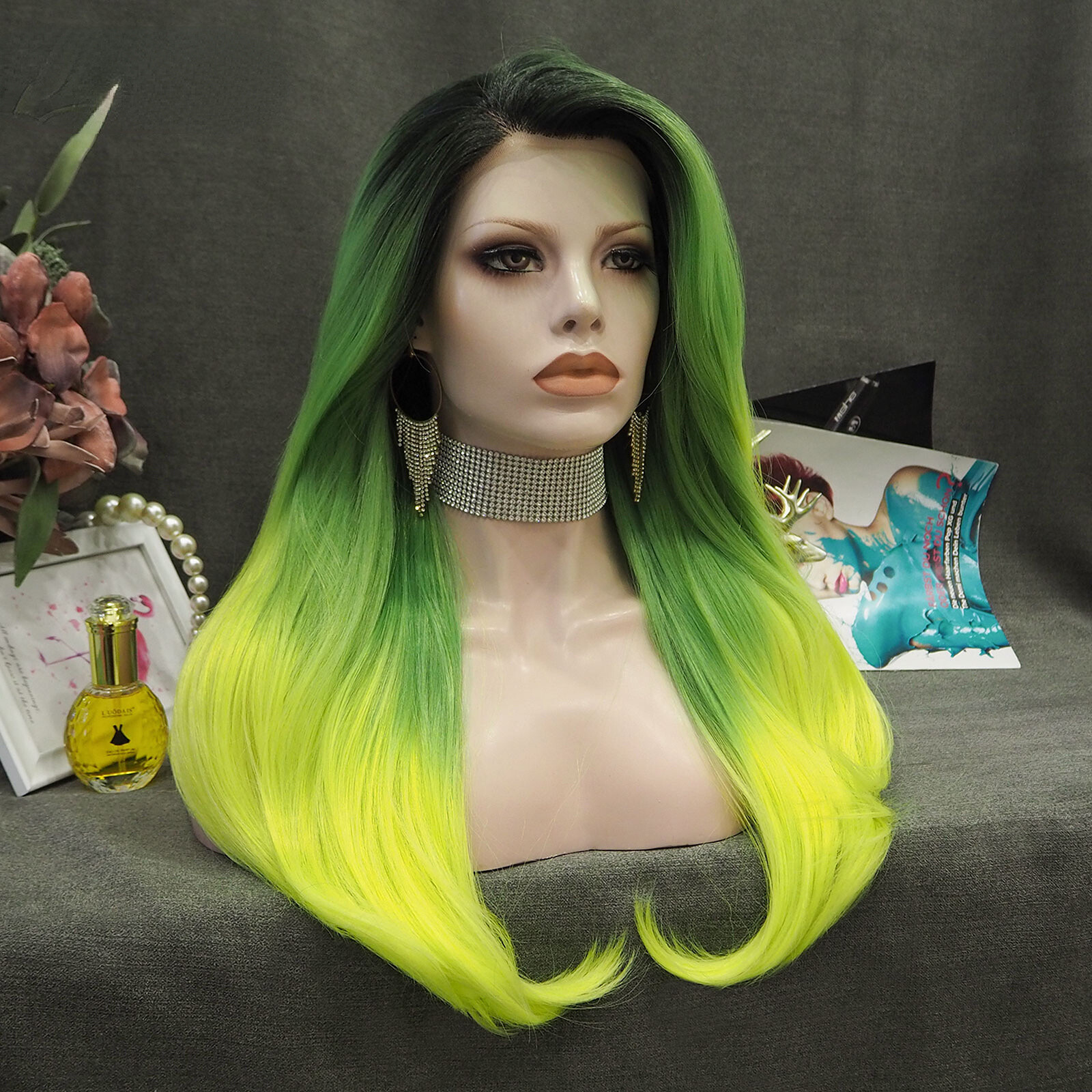 Ombre Green Wig Straight Synthetic Lace Front Wig Heat Resistant Fiber