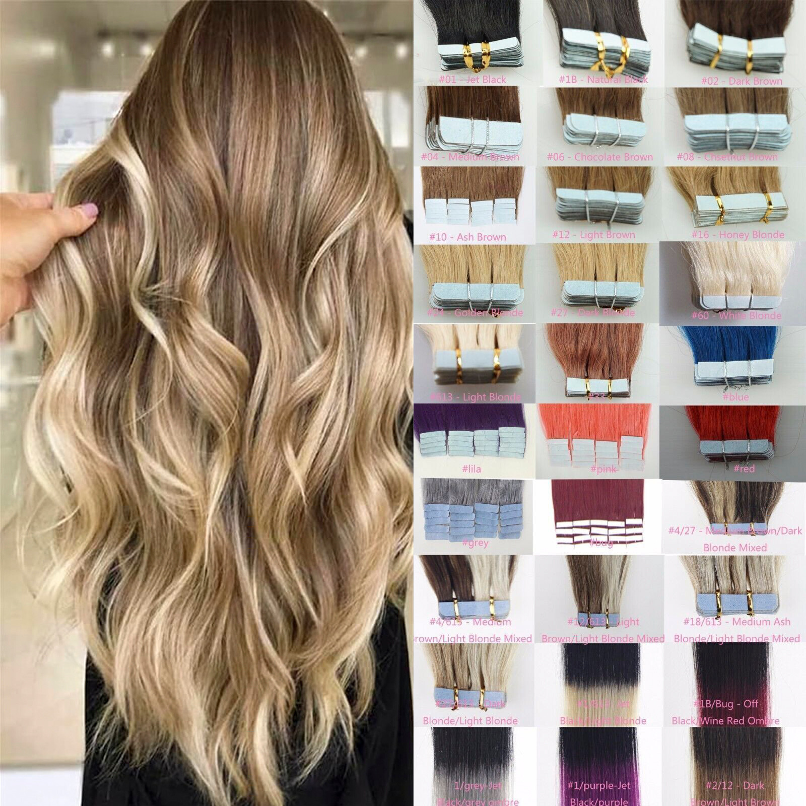 100%Human Hair Extensions Tape-in Skin Weft Remy Hair Full Head Highlight Blonde