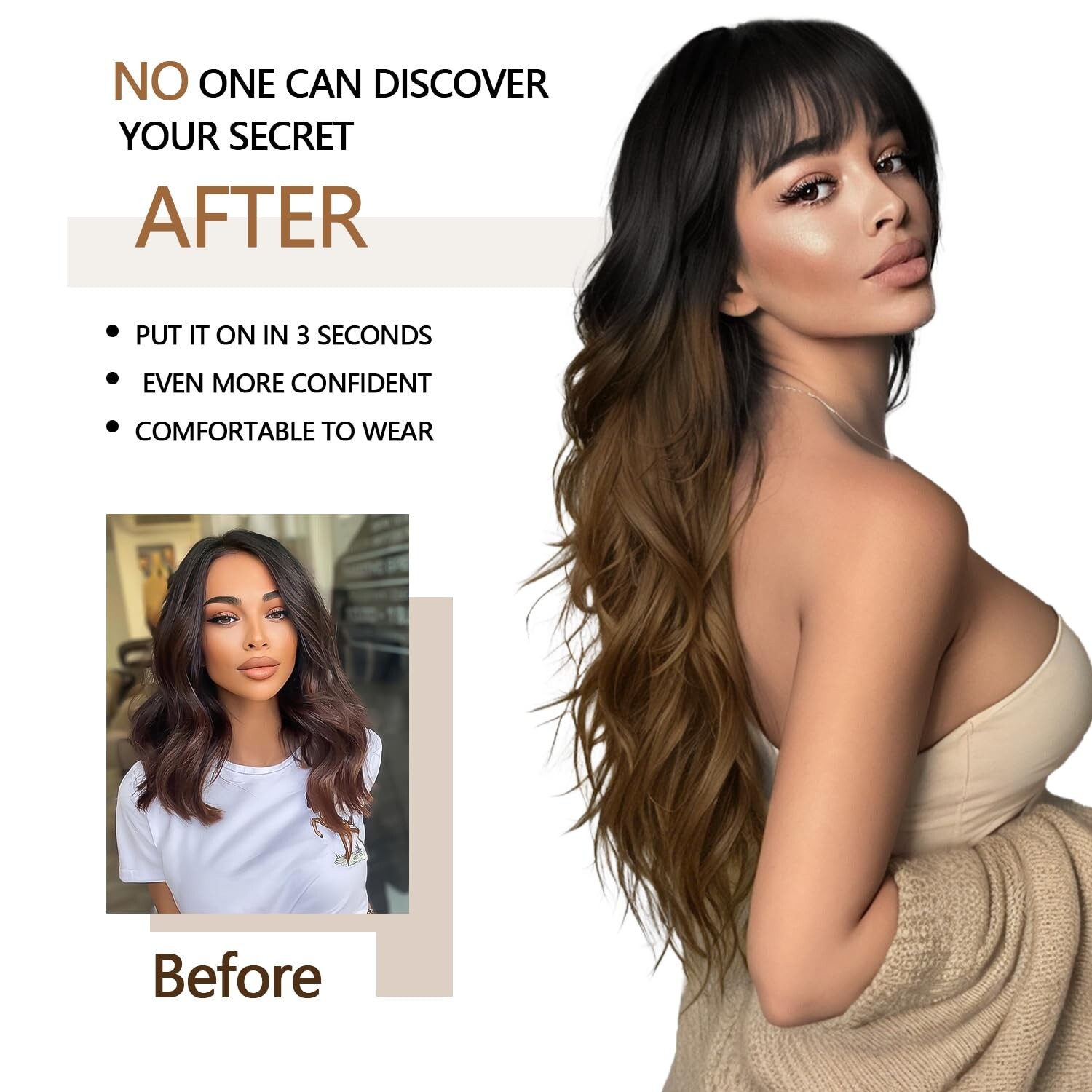 Black To Brown Wig with Bangs Long Wavy Synthetic Wig for Women with Daily Pa…