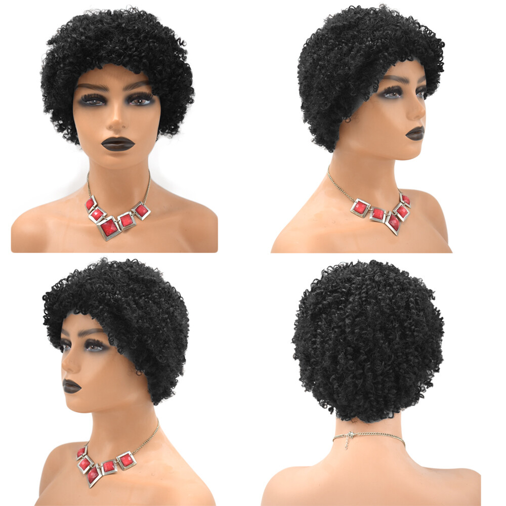 Kinky Curly Short Human Hair Afro Wigs for Black Women with Bangs Brazilian US
