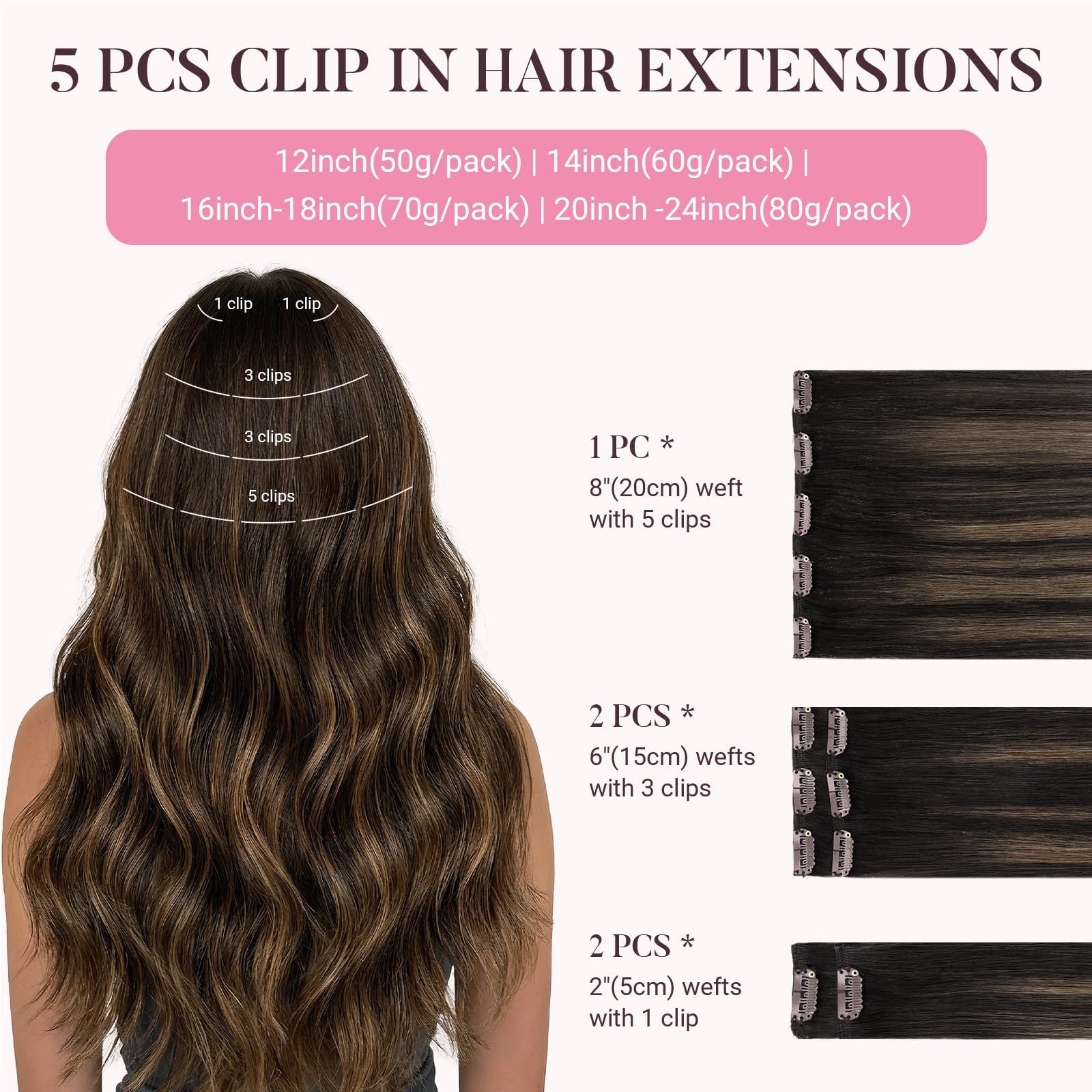 MAXITA 70g Clip-in Human Hair Extensions Balayage Dark Brown Mixed 5pcs
