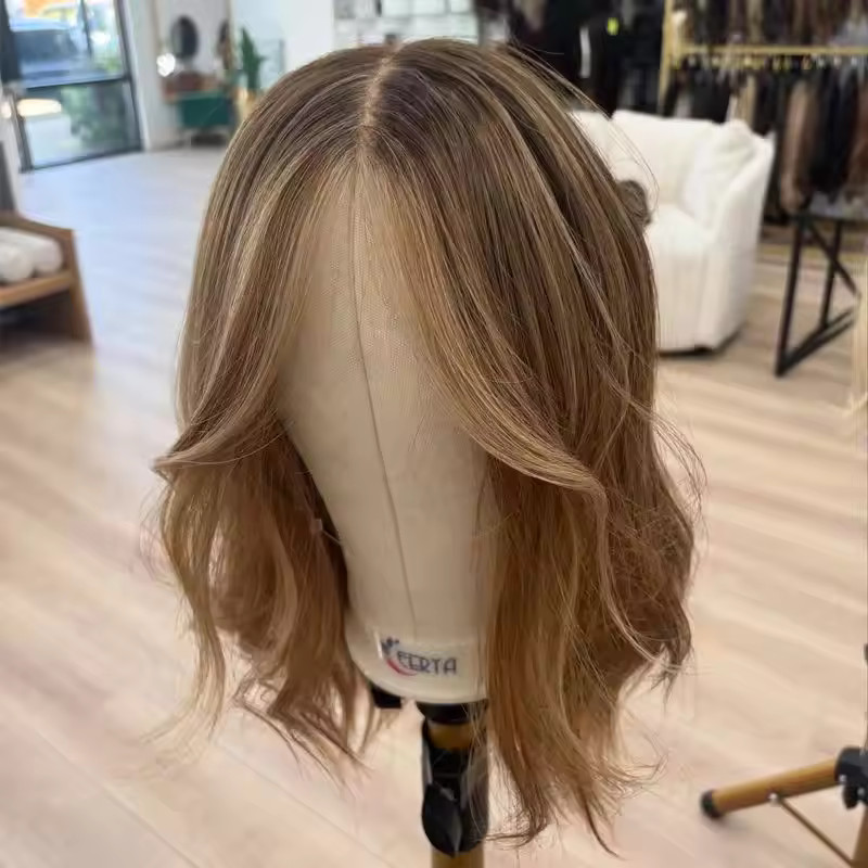 Ombre Honey Brown Highlight Bob Wave Lace Front Human Hair Wigs Ash Roots