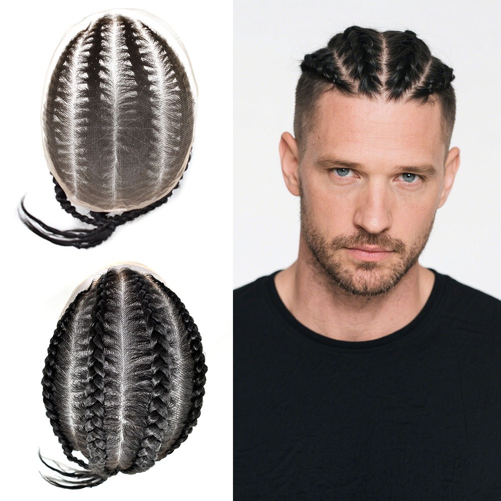 US Cornrow Braded Toupee for Black Men Box Braided Human Hair Replacement System