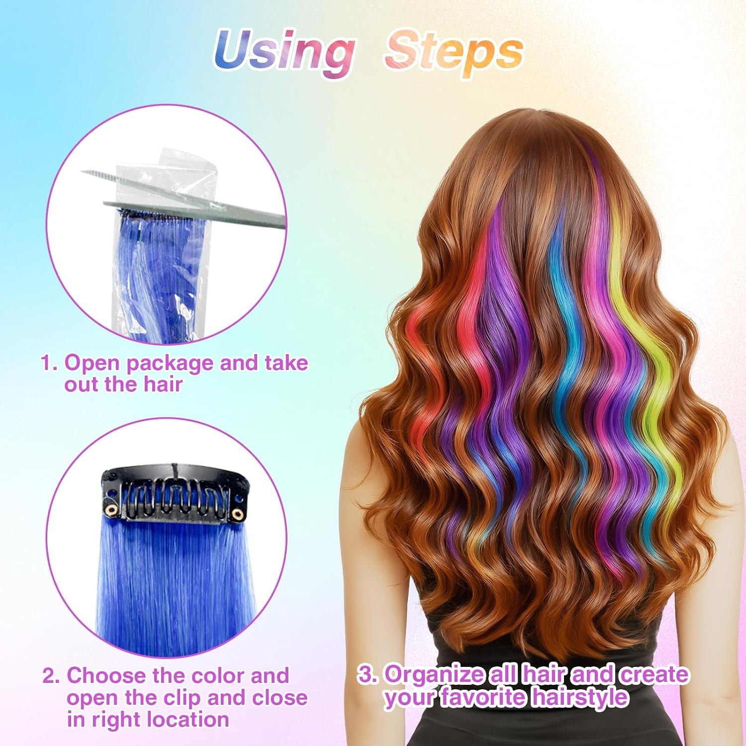 32 PCS Clip in Colored Hair Extensions for Kids, 20 Inches Rainbow Long Straight