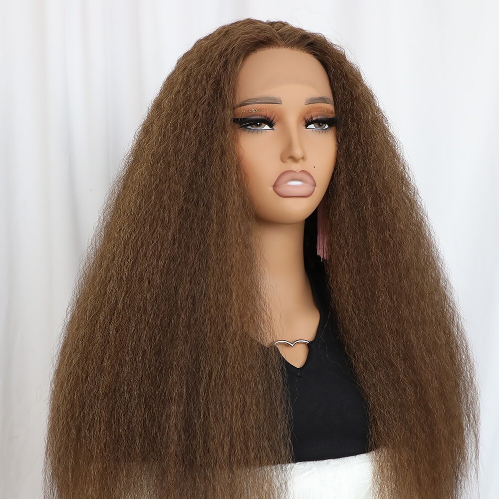 Kinky Straight Lace Front Wigs Synthetic Brown Human Hair Natural Pre Plucked