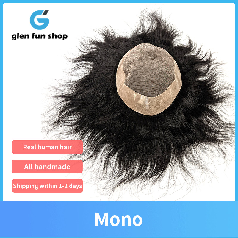 Mens Human Hair Replacement System Wigs Fine Mono Toupee Hairpieces