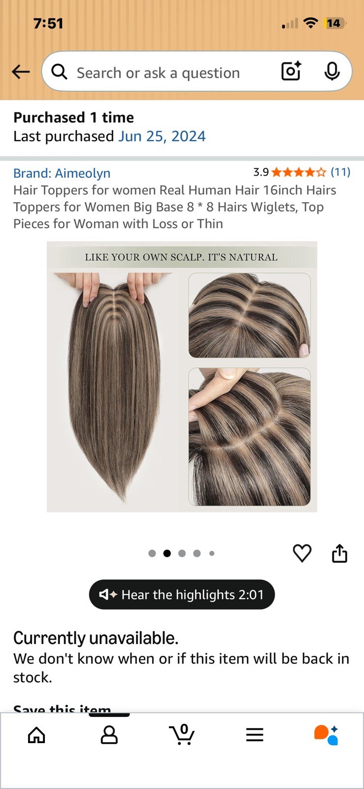 Aimeolyn Human Hair Topper Clip-In Lace Base 16in Brown/Blonde 5 Clips