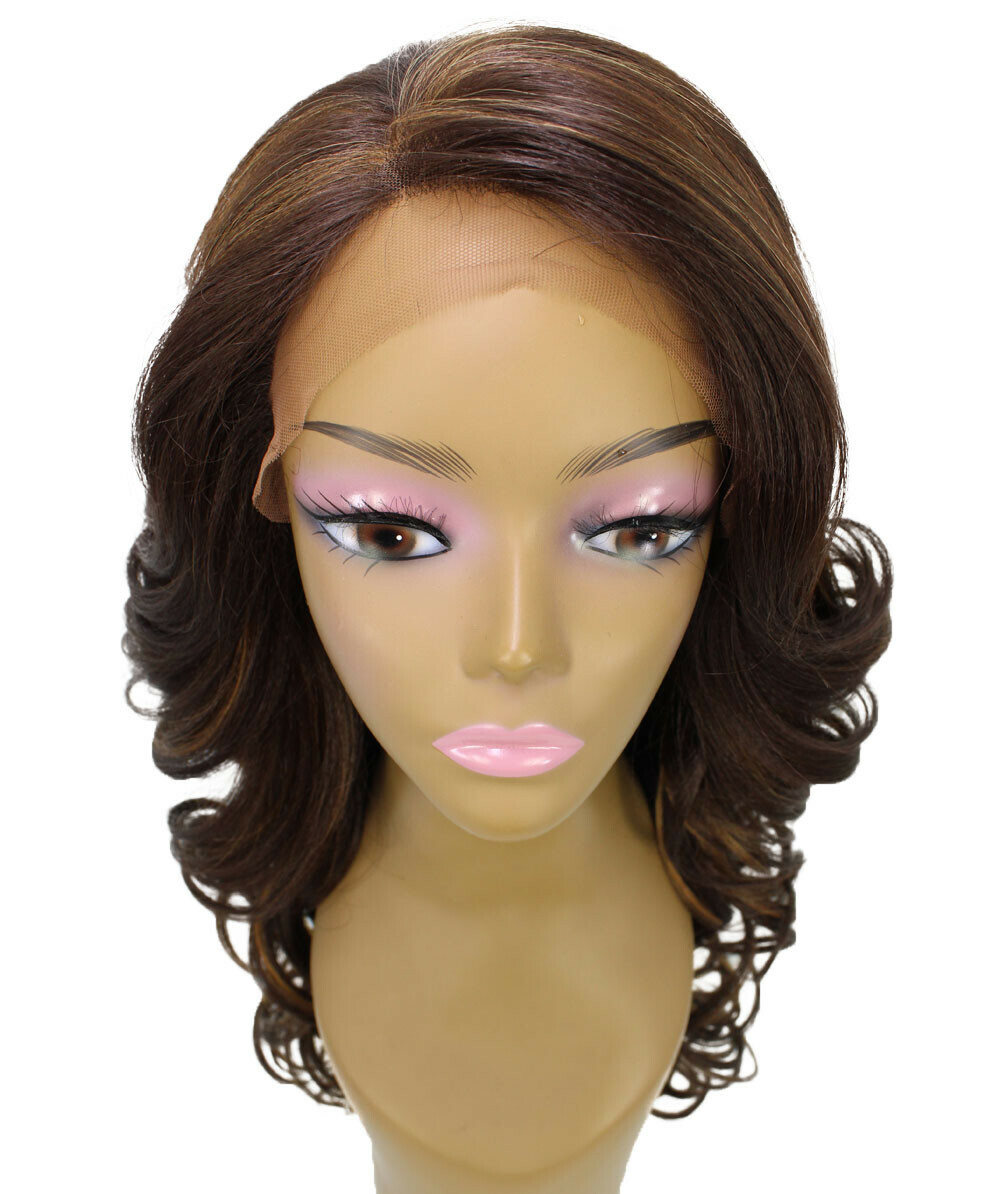 Wavy 24.5 in 13×2.5 Hand Tied Lace Front Wig, Brown with Golden Highlights