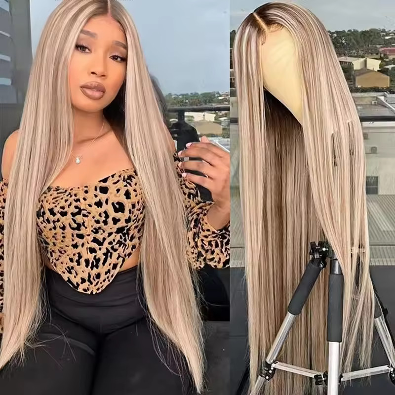 Ombre Ash Blonde Highlight Straight Full Lace Front 100% Human Hair Wigs