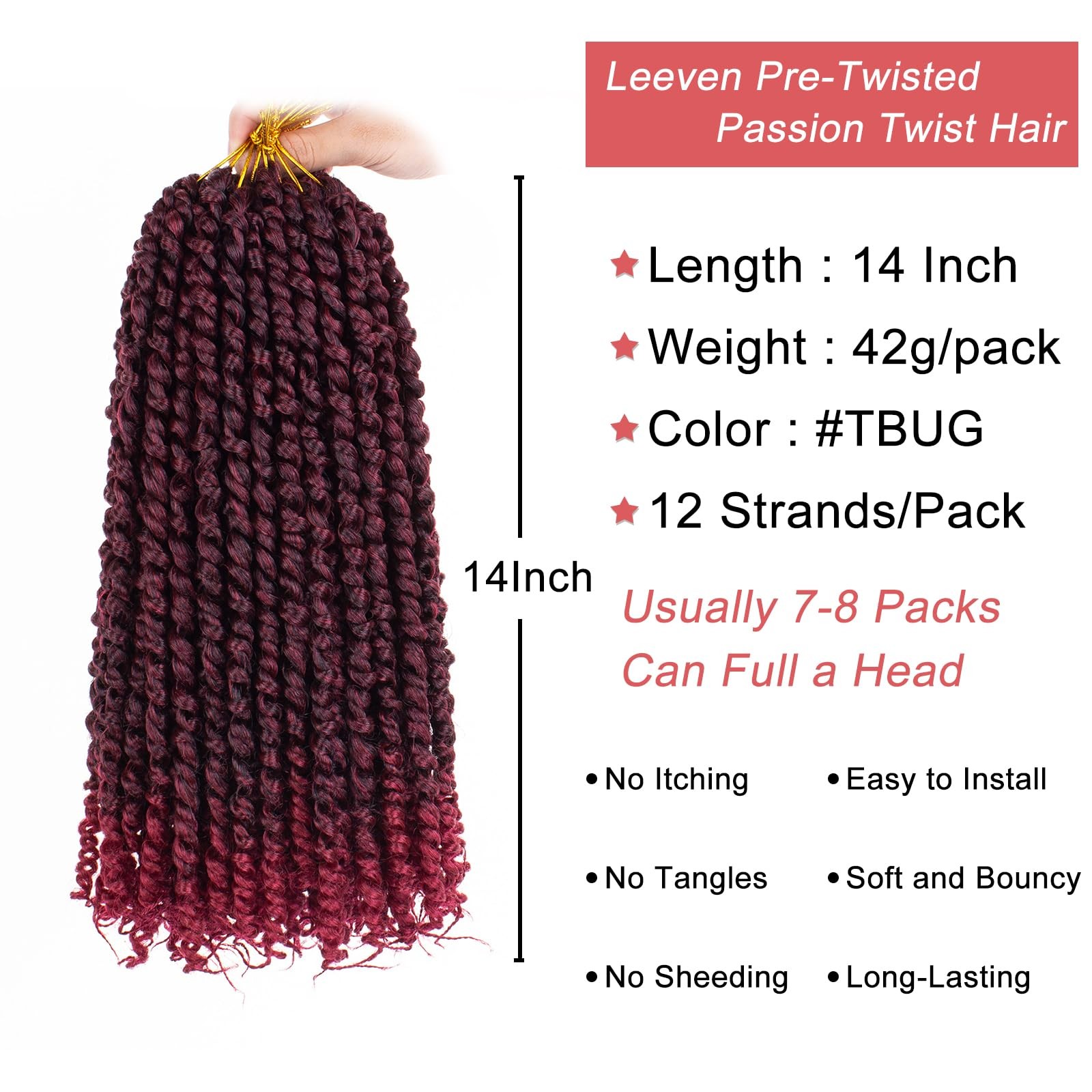 Leeven Ombre Burgundy 14 Inch Pretwisted Passion Twist Crochet Hair 8 Packs Pre