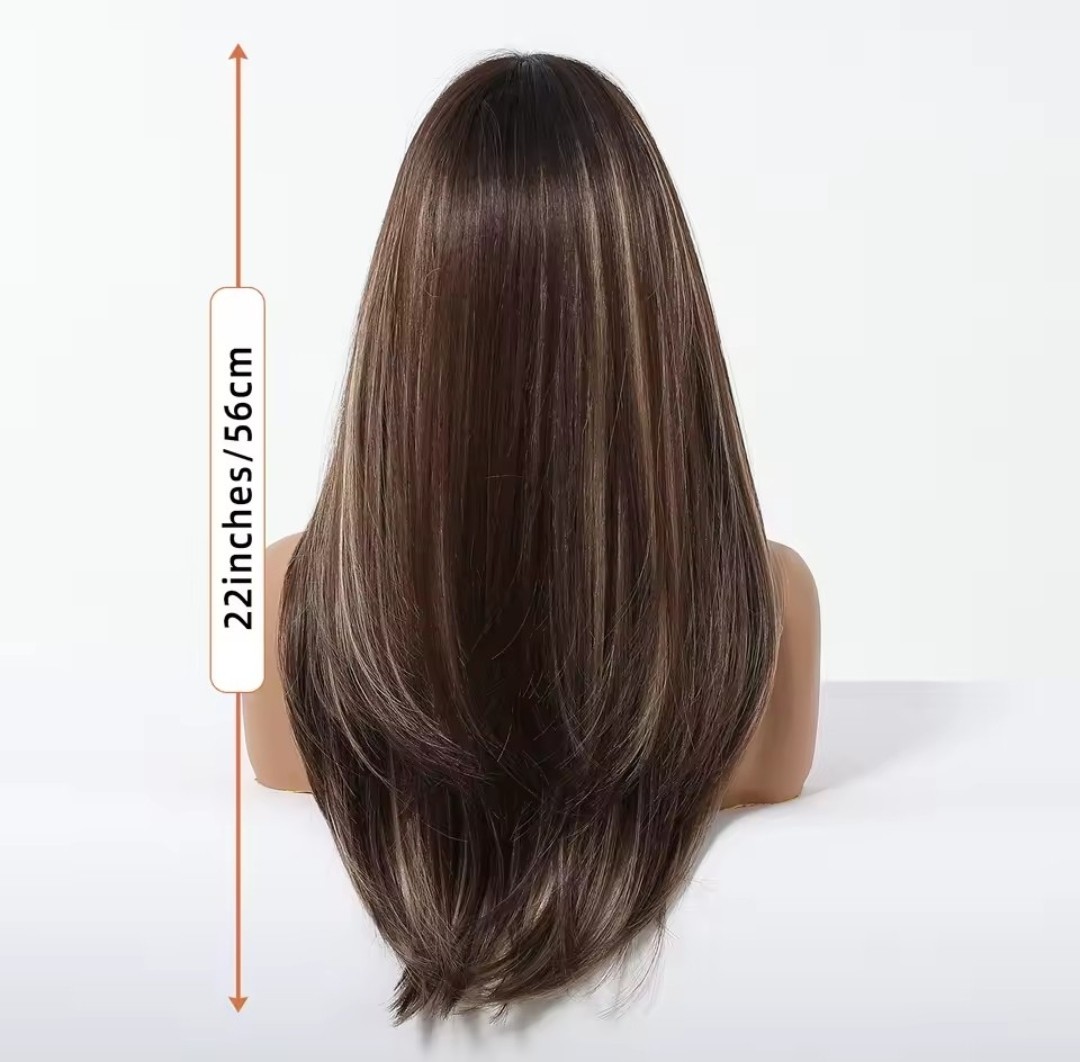 Dress Up Wig With Fringe Mixed Brown blonde Long Straight Synthetic Hair