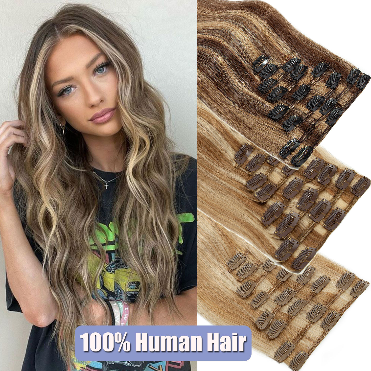 8-24in Clip In 100% Real Human Remy Hair Extensions 8Pieces Full Head Highlight