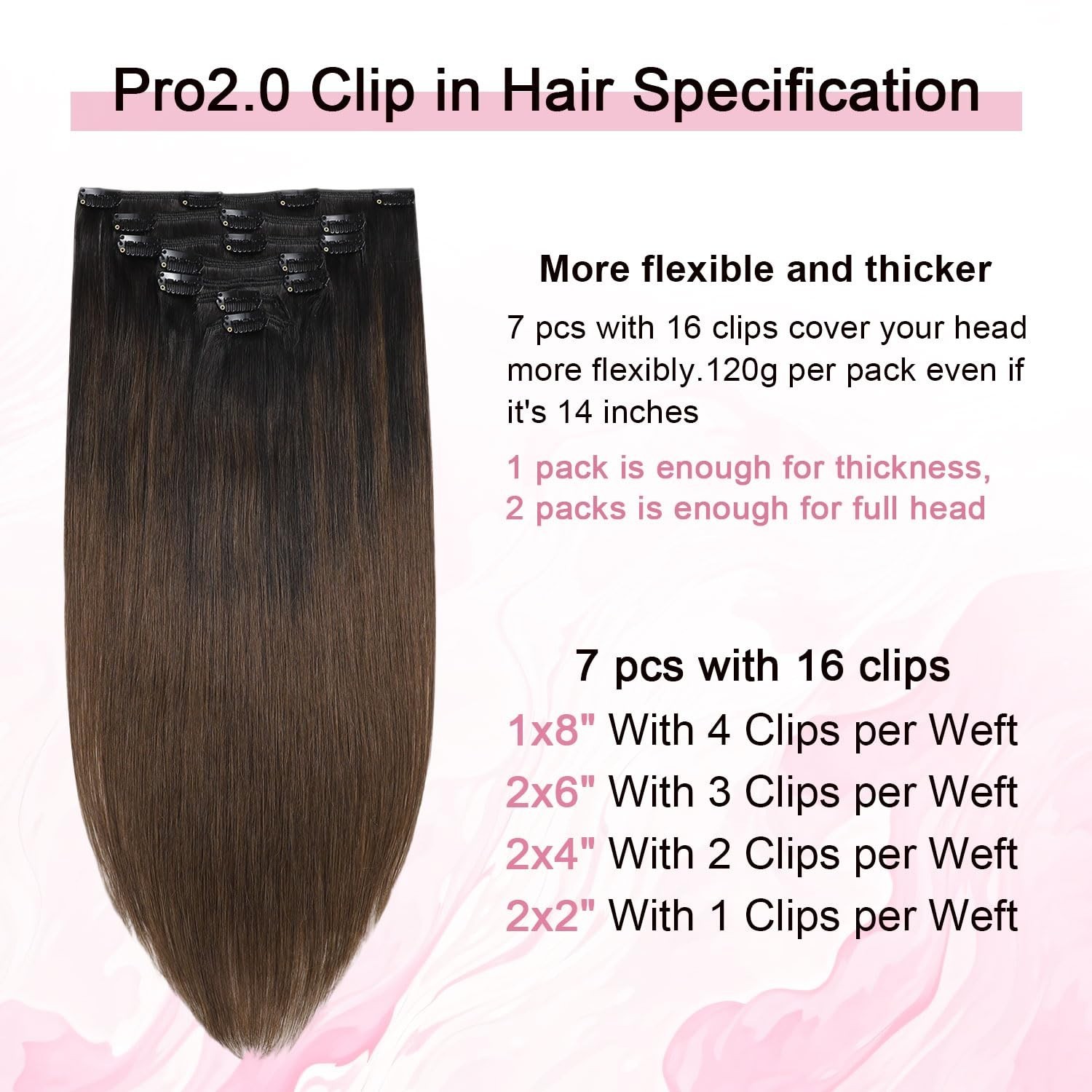 22″ Clip-In Real Human Hair Extensions 7pcs #1BT4 Natural Black to Brown 120g