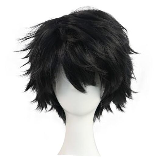 +Hair Cap Short Messy Wig for Men Short Messy Wig Synthetic Anime Hair Black