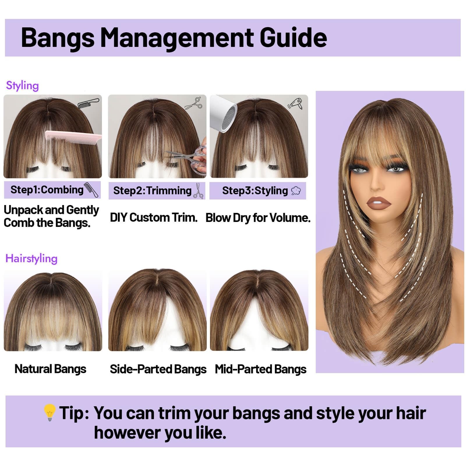 Eawwii Beginner-Friendly Wig with Bangs for Women Medium Brown Straight Face-Fra