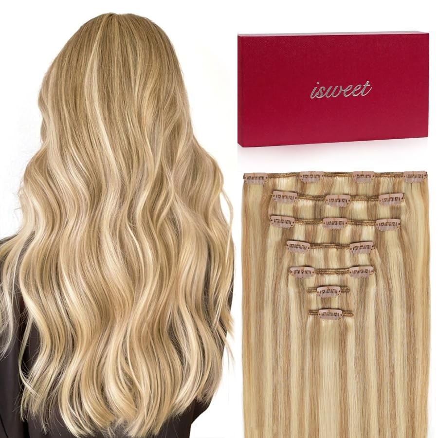 7Pcs Clip in Hair Extensions Real Human Hair, 12 Inch 80g P16/22 Light Blonde Hi