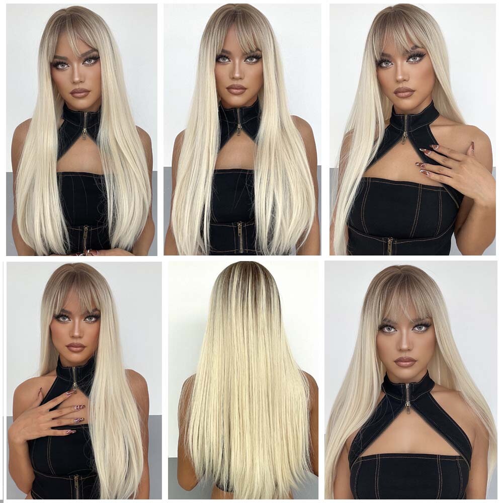 Natural ombre women roots long straight blonde non lace bangs hair synthetic wig