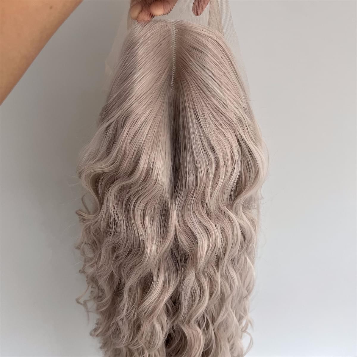 Natural Silver grey Long Wavy Glue Less T Lace Front Wig Synthetic Hair