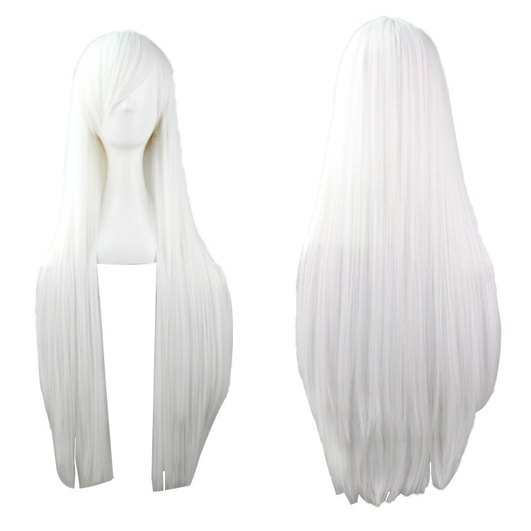 White New 80cm Straight Sleek Long Full Hair Wigs Side Bangs for Women Rose Net