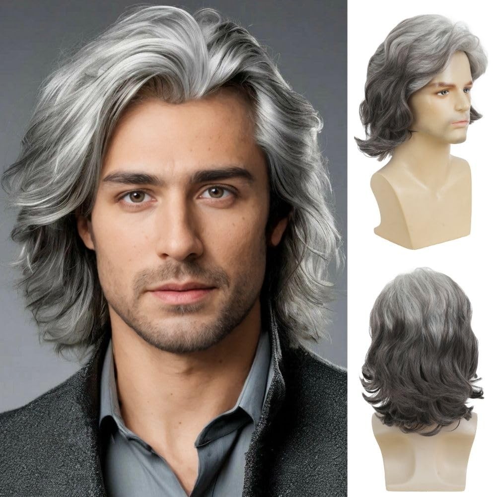 Mens Grey Short Layered Middle Part Heat Resistant Fibre Daily Cosplay Wig