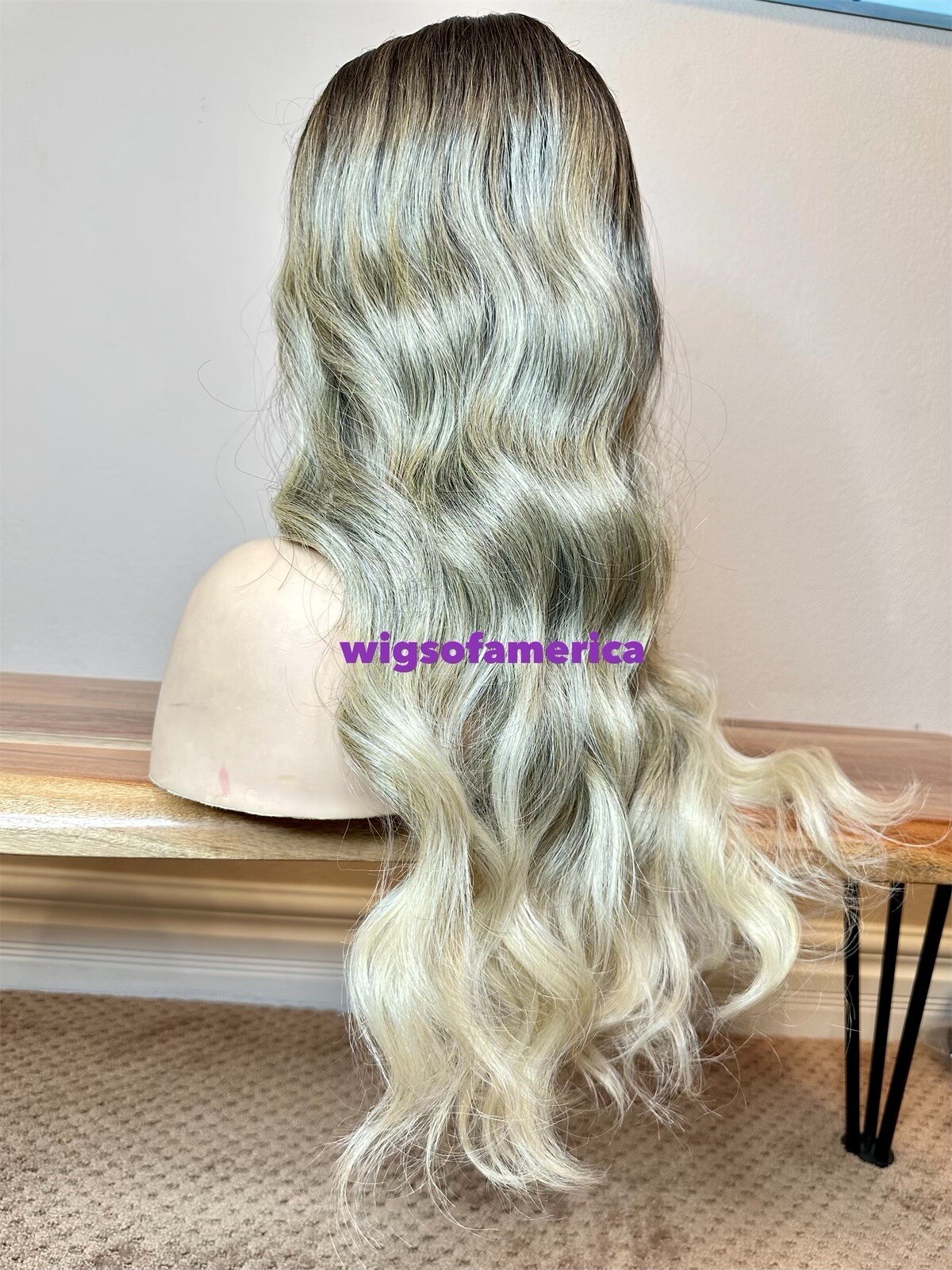 Ash white light greenish Wig black middle part lace front 22 inch long heat ok