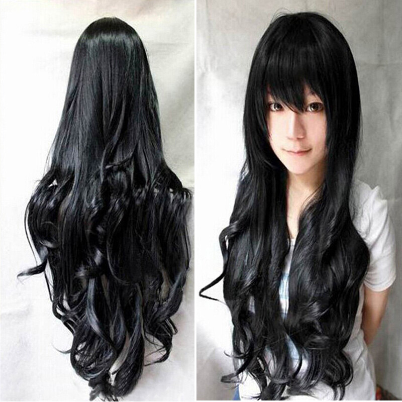 Black 80cm Long Curly Wigs Cosplay Costume Hair Anime Full Wavy Beauty Cloth