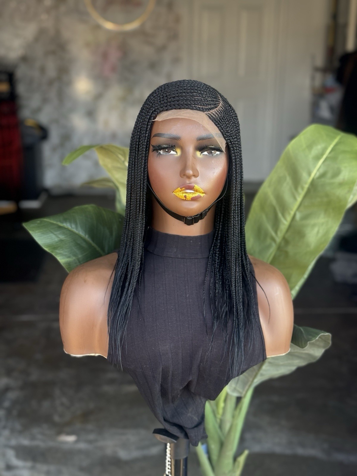 Braided Lace Front Black Wig Straight c-cut for Women Synthetic Medium 10inches