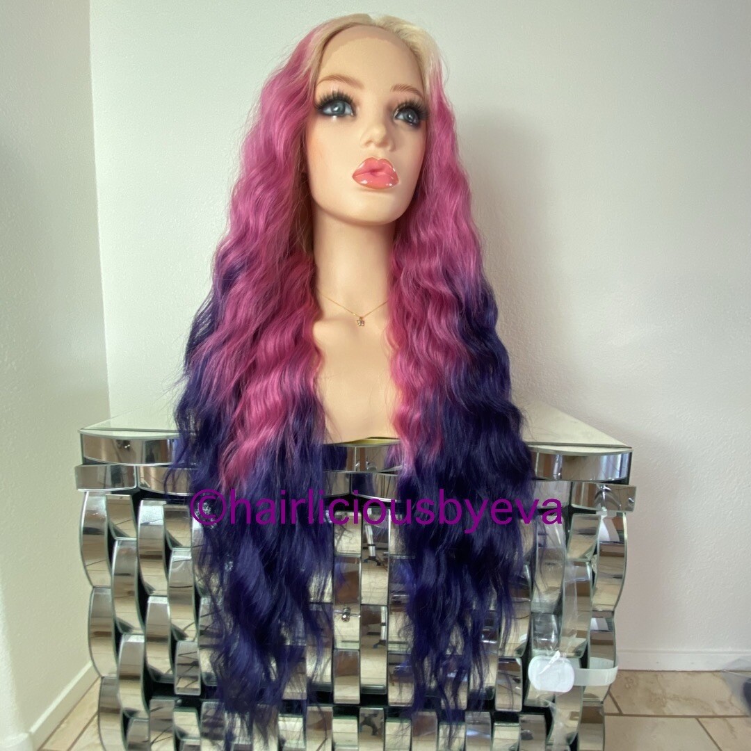 Pastel wig rainbow ombré blonde purple pink middle part wavy 26 inch long