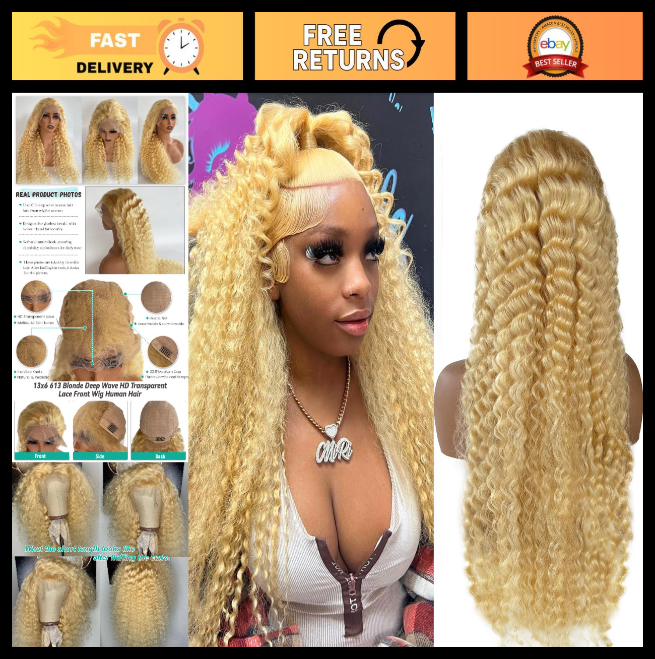 30″ Deep Wave Lace Front Wig Human Hair 613 Blonde Curly 180% Density Glueless H