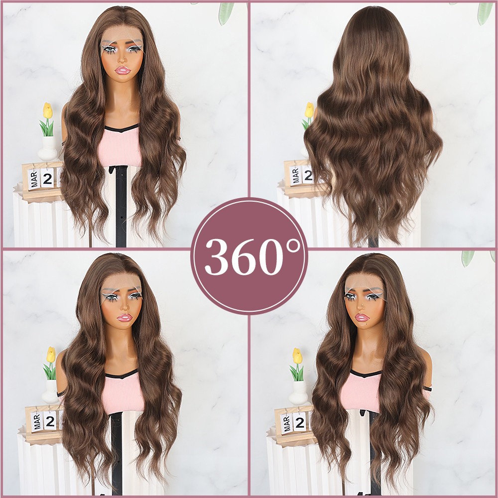 13×4 Heat Resistant Long Natural Wavy Brown Hair Glueless Frontal Lace Wigs Soft