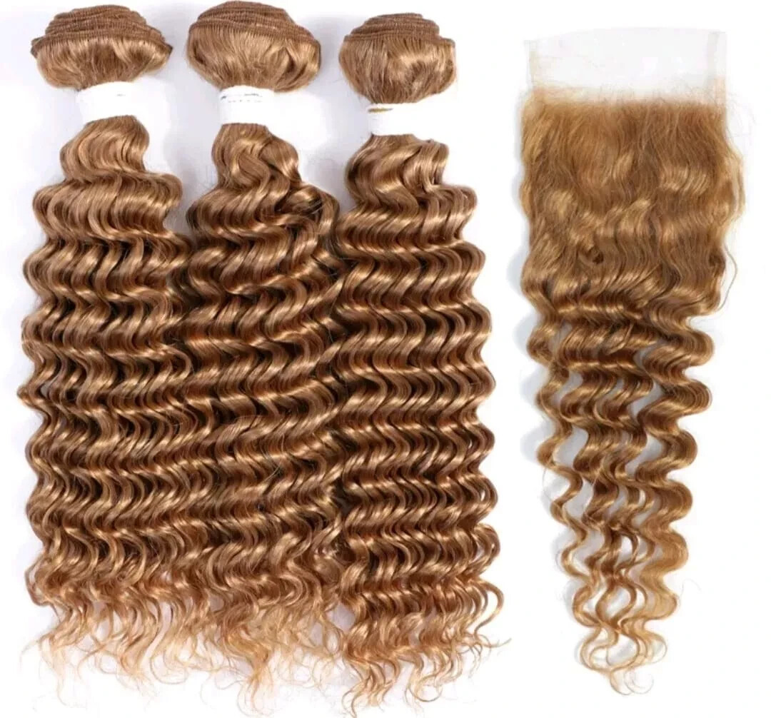 3BUNDLES +CLOSURE 16+18+20&14 PERUVIAN DEEP WAVES PURE HONEY BLONDE 27# 350g 12A