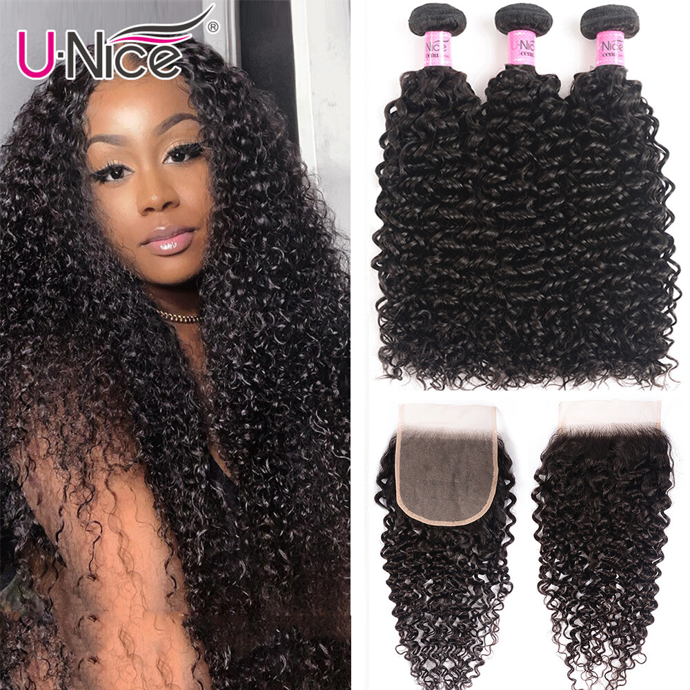 UNice Eurasian Curly Human Hair Extensions 3 Bundles With Lace Closure Weaves US