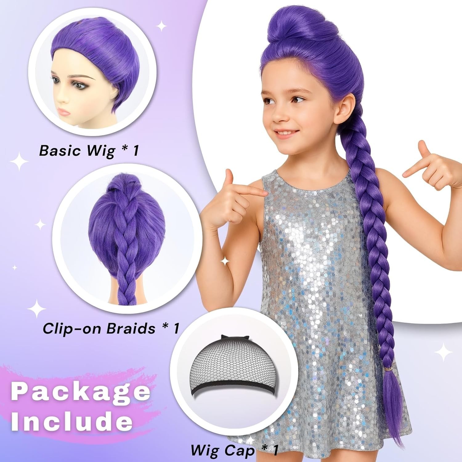 KPop Demon Hunter Rumi Wig Kid Size Purple Long Braided Ponytail Halloween