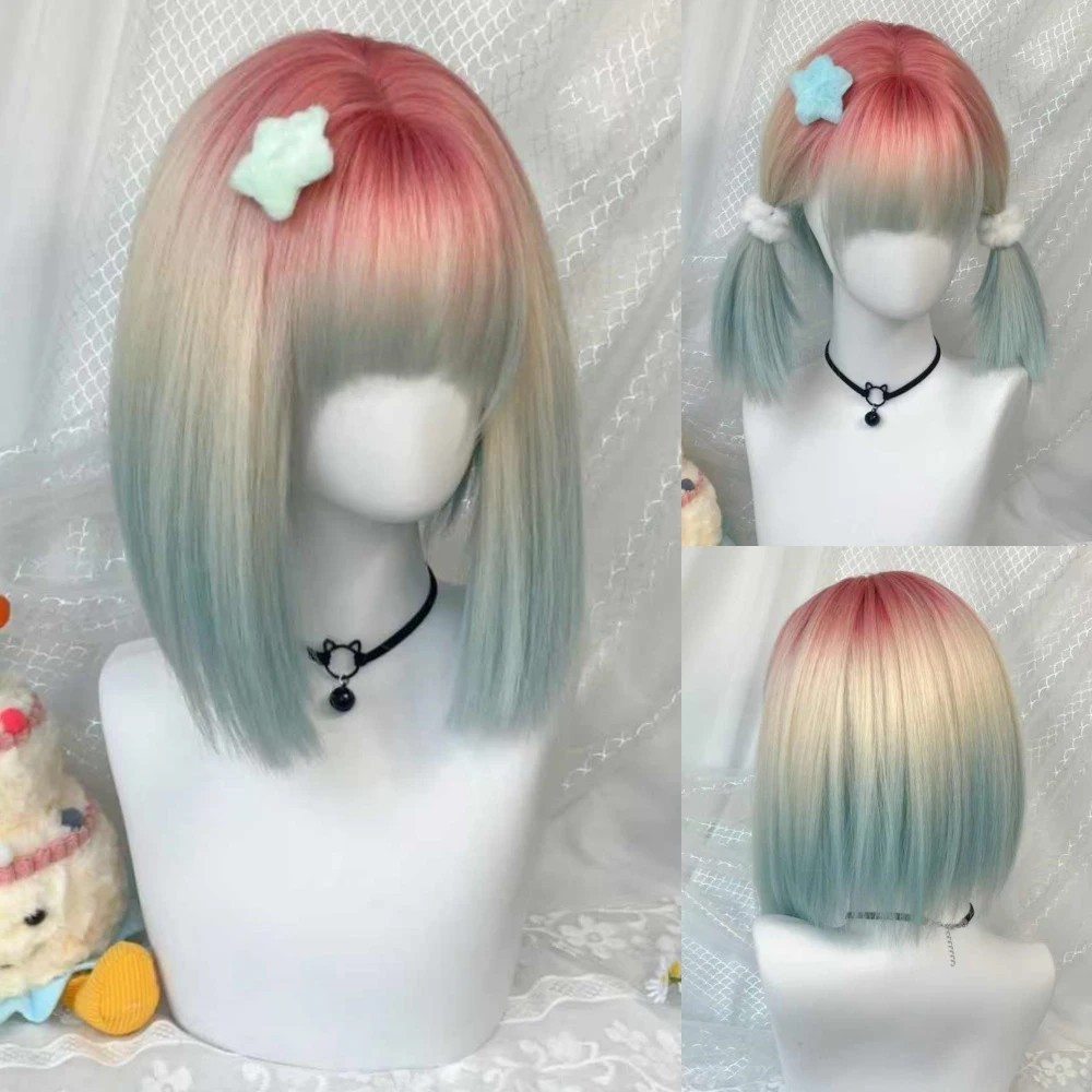 10″ Rainbow Pastel Bob Wig with Bangs Synthetic Gradient Highlights Lolita