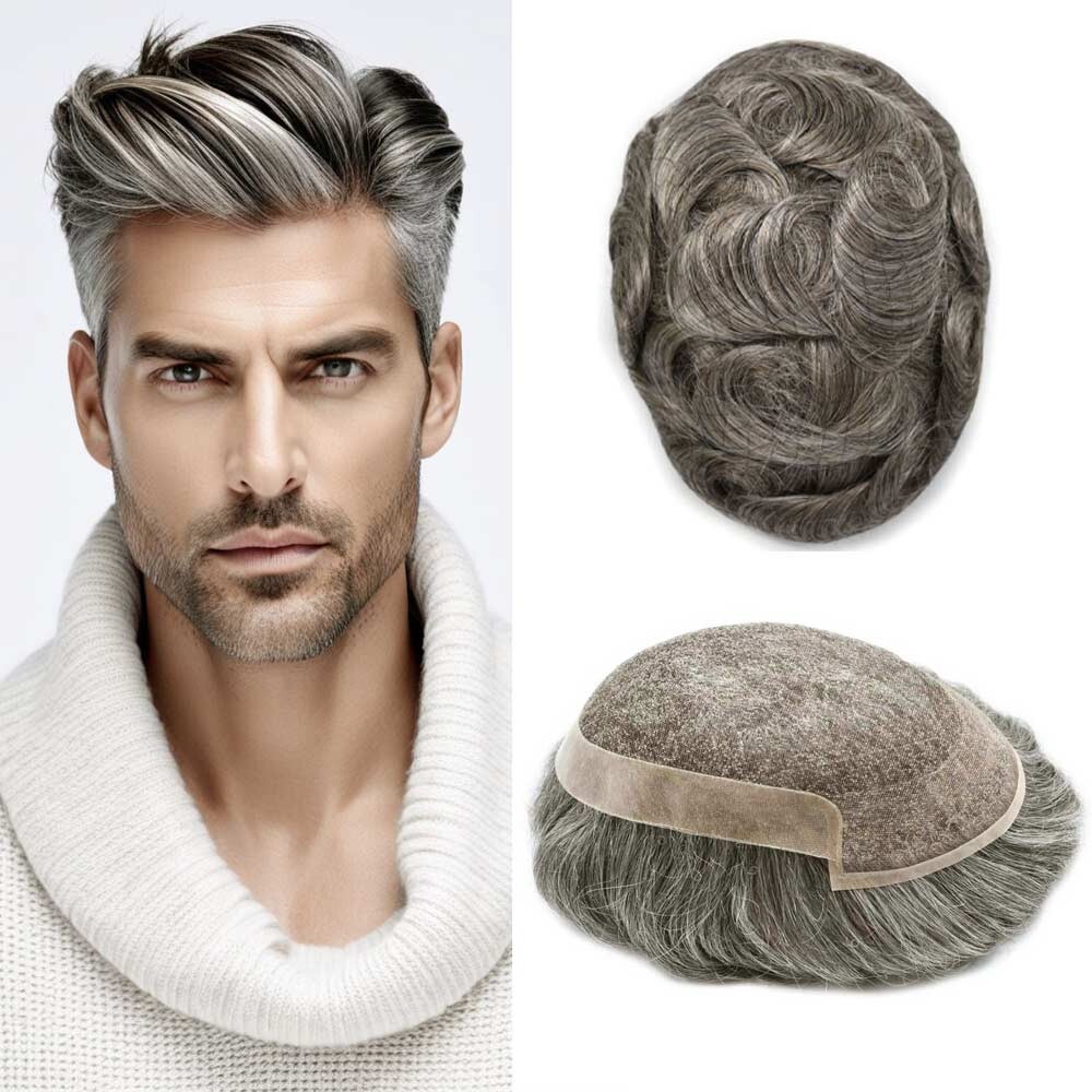 Mens Toupee Hairpiece French Lace Front Hair System Replacement Wig Unit for Men