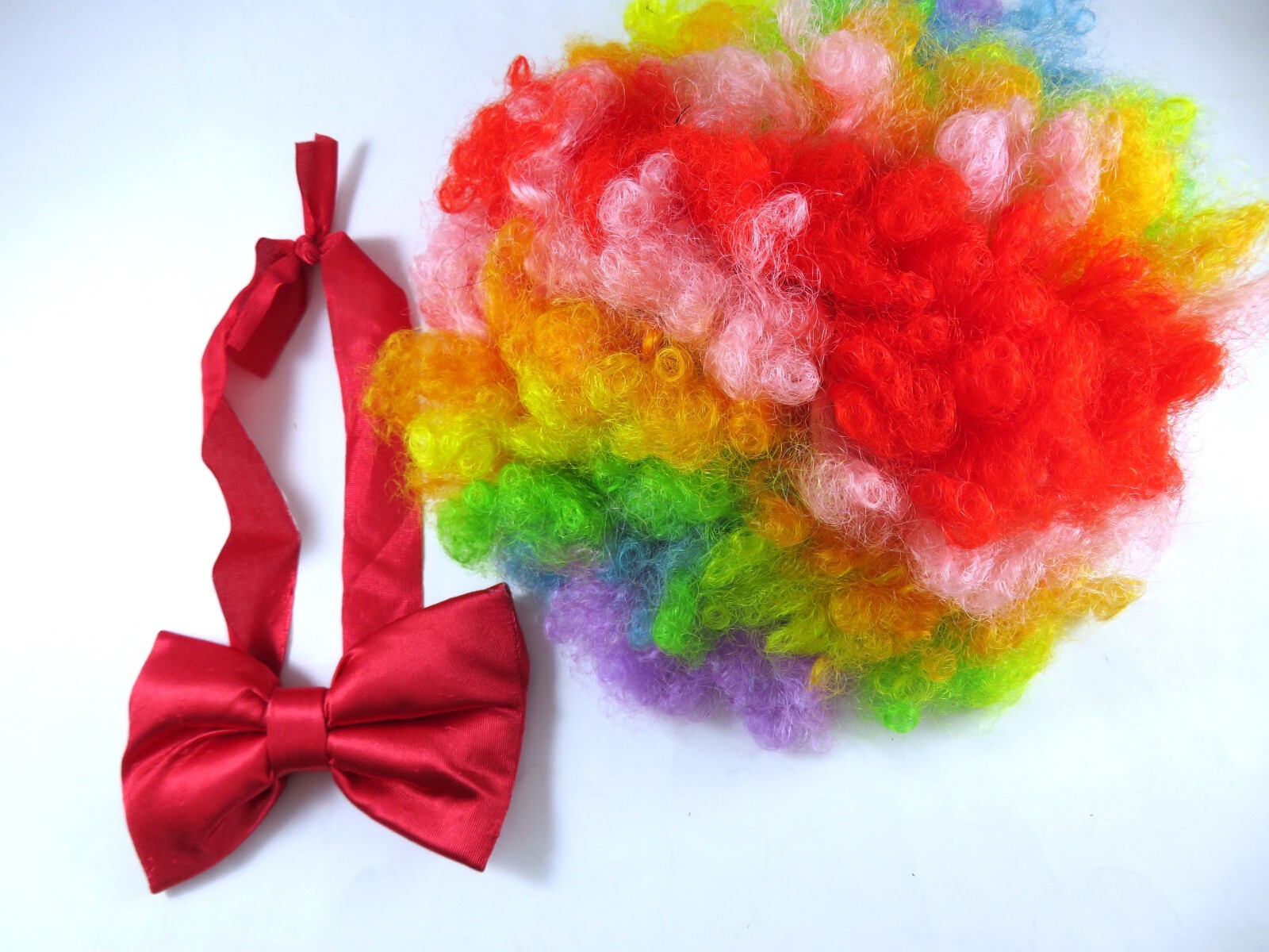 West Bay Vintage Professional Clown Wig Multi-Colors Kanekalon And Red Bowtie