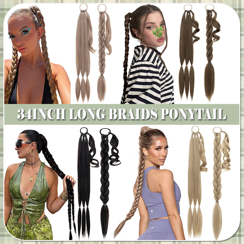Braid Ponytail Extension w/ Elastic Tie Straight Wrap Around Braid Pony Tail 34″